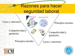 Razones para hacer
seguridad laboral
Leyes y sanciones
Competitividad y
ganancias
Principios morales Leyes y sanciones
Competitividad y
ganancias
Principios morales
 