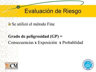 Evaluación de Riesgo
Se utilizó el método Fine
Grado de peligrosidad (GP) =
Consecuencias x Exposición x Probablidad
 