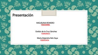 MIGUELINA ROMERO
100430996
Presentación
Greibis de la Cruz Sánchez
100404655
María Alejandra feliz Zaya
100093454
 
