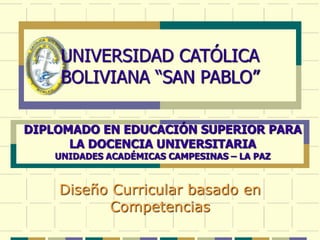 UNIVERSIDAD CATÓLICA
BOLIVIANA “SAN PABLO”
Diseño Curricular basado en
Competencias
DIPLOMADO EN EDUCACIÓN SUPERIOR PARA
LA DOCENCIA UNIVERSITARIA
UNIDADES ACADÉMICAS CAMPESINAS – LA PAZ
 