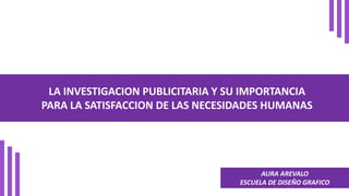 LA INVESTIGACION PUBLICITARIA Y SU IMPORTANCIA
PARA LA SATISFACCION DE LAS NECESIDADES HUMANAS
AURA AREVALO
ESCUELA DE DISEÑO GRAFICO
 