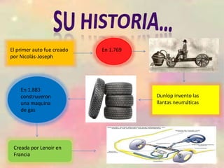 El primer auto fue creado
por Nicolás-Joseph
En 1.769
Dunlop invento las
llantas neumáticas
En 1.883
construyeron
una maquina
de gas
Creada por Lenoir en
Francia
 