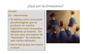 ¿Qué son las Emociones?
Emotio
En – Movimiento
• Se definen como reacciones
psicofisiológicas que se
producen en nuestro
organismo como respuestas
adaptativas al entorno. De
ahí que sean una especie de
“disparador” de conductas
ante ciertos estímulos.
• Son la fuerza que nos mueve
a actuar.
 