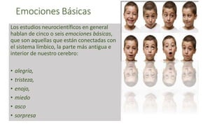 Emociones Básicas
Los estudios neurocientíficos en general
hablan de cinco o seis emociones básicas,
que son aquellas que están conectadas con
el sistema límbico, la parte más antigua e
interior de nuestro cerebro:
• alegría,
• tristeza,
• enojo,
• miedo
• asco
• sorpresa
 