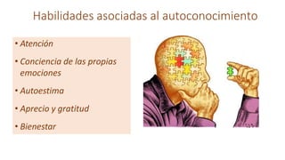 Habilidades asociadas al autoconocimiento
• Atención
• Conciencia de las propias
emociones
• Autoestima
• Aprecio y gratitud
• Bienestar
 
