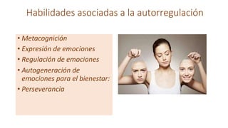 • Metacognición
• Expresión de emociones
• Regulación de emociones
• Autogeneración de
emociones para el bienestar:
• Perseverancia
Habilidades asociadas a la autorregulación
 