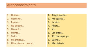 Autoconocimiento
1. Quiero…
2. Necesito…
3. Espero…
4. No puedo…
5. Ganaré…
6. Pronto…
7. Todos…
8. Mi amigo/a…
9. Ellos piensan que yo…
1. Tengo miedo…
2. Me agrada…
3. Jamás…
4. Ahora…
5. Yo…
6. Los otros…
7. Tú crees que yo…
8. Sueño…
9. Me divierte
 