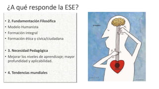 ¿A qué responde la ESE?
• 2. Fundamentación Filosófica
• Modelo Humanista
• Formación integral
• Formación ética y cívica/ciudadana
• 3. Necesidad Pedagógica
• Mejorar los niveles de aprendizaje; mayor
profundidad y aplicabilidad.
• 4. Tendencias mundiales
 