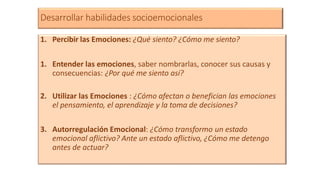 Desarrollar habilidades socioemocionales
1. Percibir las Emociones: ¿Qué siento? ¿Cómo me siento?
1. Entender las emociones, saber nombrarlas, conocer sus causas y
consecuencias: ¿Por qué me siento así?
2. Utilizar las Emociones : ¿Cómo afectan o benefician las emociones
el pensamiento, el aprendizaje y la toma de decisiones?
3. Autorregulación Emocional: ¿Cómo transformo un estado
emocional aflictivo? Ante un estado aflictivo, ¿Cómo me detengo
antes de actuar?
 