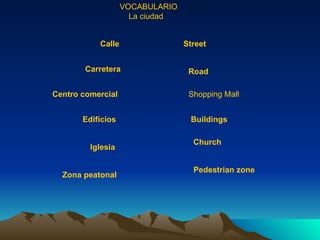 VOCABULARIO La ciudad Calle   Street   Carretera   Road   Centro comercial   Shopping Mall  Edificios   Buildings   Iglesia   Church   Zona peatonal   Pedestrian zone   