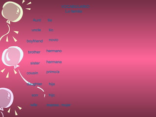 Aunt  tía  boyfriend  novio  brother  hermano  cousin  primo/a  daughter  hija  son  hijo  wife  esposa, mujer  uncle  tío  sister  hermana  VOCABULARIO La familia 