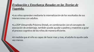 Evaluación y Enseñanza Basadas en las Teorías de
Vygotsky.
•Los niños aprenden mediante la internalización de los resultados de sus
interacciones con adultos.
•La ZDP (Desarrollo Próximo Distal), en combinación con el concepto de
asociación de andamiaje, también puede ayudar a padres y maestros a guiar
el proceso cognitivo de los niños de manera eficiente.
•A medida que el niño es capaz de hacer mas y mas, el adulto lo ayuda cada
vez menos.
 