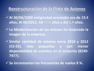 Reestructuración de la Flota de Aviones 
 Al 30/06/2009 antigüedad promedio era de 19,4 
años. Al 06/2012, AR 11,6 años y AU 1,4 años. 
La Modernización de los aviones ha mejorado la 
imagen de la empresa. 
Similar cantidad de aviones entre 2010 y 2012 
(52-55), más pequeños y con menor 
disponibilidad de asientos en el conjunto (8249- 
7977). 
Se incrementan las frecuencias de vuelos 8 %. 
 