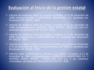 Evaluación al Inicio de la gestión estatal 
 Informe de Auditoría sobre los Estados Contables al 31 de diciembre de 
2008 correspondientes a AEROLÍNEAS ARGENTINAS S.A. aprobado por 
Resolución Nº 100/10 – AGN. 
 Informe de Auditoría sobre los Estados Contables al 31 de diciembre de 
2008 correspondientes a AUSTRAL LINEAS AEREAS - CIELOS DEL SUR S.A. 
aprobado por Resolución Nº 101/10 – AGN. 
 Informe de Auditoría sobre los Estados Contables al 31 de diciembre de 
2008 correspondientes a AEROHANDLING S.A. aprobado por Resolución 
Nº 102/10 – AGN. 
 Informe de Auditoría sobre los Estados Contables por el ejercicio finalizado 
el 31 de diciembre de 2008 correspondientes a JET PAQ S.A. aprobado por 
Resolución Nº 103/10 – AGN. 
 Informe sobre Control Interno referido a los Estados Contables al 31 de 
diciembre de 2008 correspondientes a AEROLINEAS ARGENTINAS S.A. Y 
AUSTRAL LINEAS AEREAS - CIELOS DEL SUR S.A. y sus empresas 
controladas, aprobado por Resolución Nº 104/10 – AGN. 
 