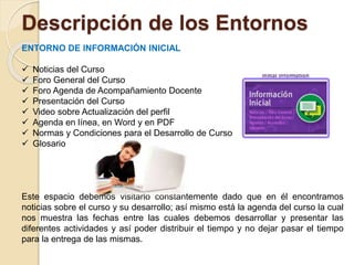 Descripción de los Entornos
ENTORNO DE INFORMACIÓN INICIAL
 Noticias del Curso
 Foro General del Curso
 Foro Agenda de Acompañamiento Docente
 Presentación del Curso
 Video sobre Actualización del perfil
 Agenda en línea, en Word y en PDF
 Normas y Condiciones para el Desarrollo de Curso
 Glosario
Este espacio debemos visitarlo constantemente dado que en él encontramos
noticias sobre el curso y su desarrollo; así mismo está la agenda del curso la cual
nos muestra las fechas entre las cuales debemos desarrollar y presentar las
diferentes actividades y así poder distribuir el tiempo y no dejar pasar el tiempo
para la entrega de las mismas.
 