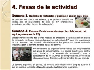 4. Fases de la actividad
Semana 3. Revisión de materiales y puesta en común en el aula.
Se pondrán en común las recetas, y el profesor validará su
validez con el responsable del ciclo de FP (ingredientes
accesibles, sencillez, tiempo de elaboración).


Semana 4. Elaboración de las recetas (con la colaboración del
equipo y alumnos de FP).
Seleccionándose entre tres y cinco recetas, se procederá a su realización en el aula
de cocina del centro por parte de los alumnos del ciclo de FP, pero con la presencia
de los alumnos que anotarán detalladamente los pasos así como realizarán
fotografías (con la cámara de fotos digital del centro).
                      Posteriormente se organizará una comida con los profesores
                      del grupo de compensatoria, y el equipo directivo del centro,
                      como invitados. Los alumnos de restauración, con la
                      colaboración de los alumnos de compensatoria, servirán los
                      platos cocinados. También se tomarán fotos de esta comida.


La semana siguiente, en el aula, se montará una entrada en el blog de aula en el
que se explique la receta, utilizando para ello las fotografías realizadas.
 