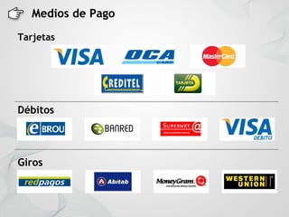 Medios de Pago
Tarjetas




Débitos




Giros
 