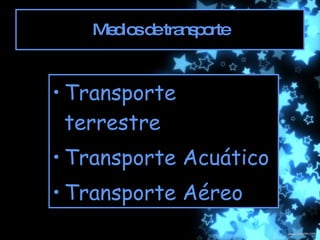 Medios de transporte Transporte terrestre Transporte Acuático Transporte Aéreo 