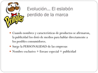 Evolución… El eslabón
             perdido de la marca


 Cuando nombres y características de productos se afirmaron,
  la publicidad los dotó de medios para hablar directamente a
  los posibles consumidores.
 Surge la PERSONALIDAD de las empresas
 Nombre exclusivo + Envase especial + publicidad
 