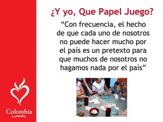 ¿Y yo, Que Papel Juego?
“Con frecuencia, el hecho
de que cada uno de nosotros
no puede hacer mucho por
el país es un pretexto para
que muchos de nosotros no
hagamos nada por el país”
 