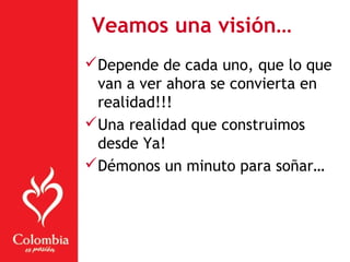 Veamos una visión…
Depende de cada uno, que lo que
van a ver ahora se convierta en
realidad!!!
Una realidad que construimos
desde Ya!
Démonos un minuto para soñar…
 