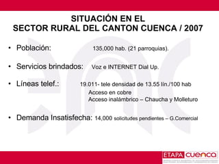 SITUACIÓN EN EL SECTOR RURAL DEL CANTON CUENCA / 2007 Población:     135,000 hab. (21 parroquias). Servicios brindados:  Voz e INTERNET Dial Up.  Líneas telef.:  19.011- tele densidad de 13.55 lín./100 hab   Acceso en cobre   Acceso inalámbrico – Chaucha y Molleturo  Demanda Insatisfecha:  14,000   solicitudes pendientes – G.Comercial 