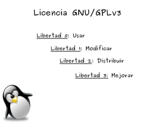 Licencia GNU/GPLv3

Libertad 0: Usar

    Libertad 1: Modificar

       Libertad 2: Distribuir

            Libertad 3: Mejorar
 