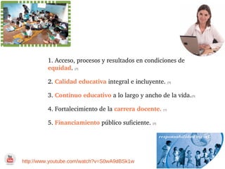 1. Acceso, procesos y resultados en condiciones de 
         equidad. [7]

         2. Calidad educativa integral e incluyente. [7]

         3. Continuo educativo a lo largo y ancho de la vida.[7]

         4. Fortalecimiento de la carrera docente. [7]

         5. Financiamiento público suficiente. [7]




http://www.youtube.com/watch?v=S0wA9dBSk1w
 