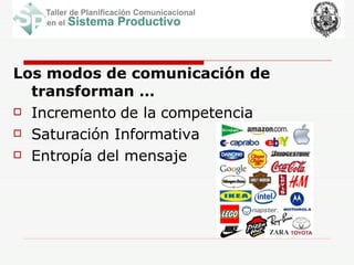 Los modos de comunicación de transforman … Incremento de la competencia Saturación Informativa Entropía del mensaje 