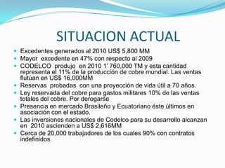 		SITUACION ACTUAL Excedentes generados al 2010 US$ 5,800 MMMayor  excedente en 47% con respecto al 2009 CODELCO  produjo  en 2010 1’ 760,000 TM y esta cantidad representa el 11% de la producción de cobre mundial. Las ventas flutúan en US$ 16,000MMReservas  probadas  con una proyección de vida útil a 70 años.Ley reservada del cobre para gastos militares 10% de las ventas totales del cobre. Por derogarsePresencia en mercado Brasileño y Ecuatoriano éste últimos en asociación con el estado. Las inversiones nacionales de Codelco para su desarrollo alcanzan en  2010 ascienden a US$ 2,616MM Cerca de 20,000 trabajadores de los cuales 90% con contratos indefinidos