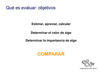 Qué es evaluar: objetivos


            Estimar, apreciar, calcular

            Determinar el valor de algo

         Determinar la importancia de algo



                COMPARAR
 