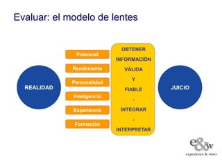 Evaluar: el modelo de lentes


                             OBTENER
              Potencial
                            INFORMACIÓN
             Rendimiento      VÁLIDA

                                Y
             Personalidad
  REALIDAD                    FIABLE      JUICIO
             Inteligencia
                                 -

             Experiencia     INTEGRAR

                                 -
              Formación
                            INTERPRETAR
 