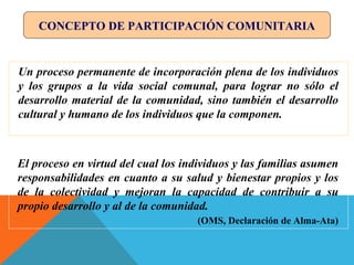 CONCEPTO DE PARTICIPACIÓN COMUNITARIA
Un proceso permanente de incorporación plena de los individuos
y los grupos a la vida social comunal, para lograr no sólo el
desarrollo material de la comunidad, sino también el desarrollo
cultural y humano de los individuos que la componen.
(H. San Martín)
El proceso en virtud del cual los individuos y las familias asumen
responsabilidades en cuanto a su salud y bienestar propios y los
de la colectividad y mejoran la capacidad de contribuir a su
propio desarrollo y al de la comunidad.
(OMS, Declaración de Alma-Ata)
 