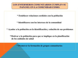LOS ENFERMEROS COMUNITARIOS CUMPLEN SU
PAPANEL EN LA COMUNIDAD COMO:
* Establecer relaciones cordiales con la población
* Identificarse con los intereses de la comunidad
* Ayudar a la población en la identificación y solución de sus problemas
*Motivar a la población para que se implique en la planificación
de los cuidados de salud
* Promover la formación de grupos comunitarios
 