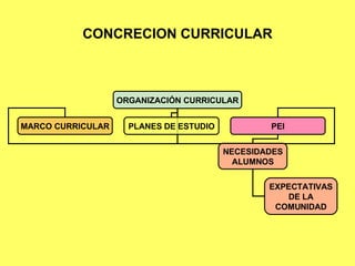 CONCRECION CURRICULAR ORGANIZACIÓN CURRICULAR MARCO CURRICULAR PLANES DE ESTUDIO PEI NECESIDADES ALUMNOS EXPECTATIVAS DE LA COMUNIDAD 
