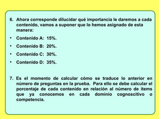 6.  Ahora corresponde dilucidar qué importancia le daremos a cada contenido, vamos a suponer que lo hemos asignado de esta manera:  Contenido A:  15%. Contenido B:  20%. Contenido C:  30%. Contenido D:  35%. 7. Es el momento de calcular cómo se traduce lo anterior en número de preguntas en la prueba.  Para ello se debe calcular el porcentaje de cada contenido en relación al número de ítems que ya conocemos en cada dominio cognoscitivo o competencia. 