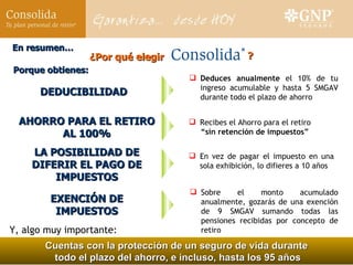 DEDUCIBILIDAD AHORRO PARA EL RETIRO AL 100% LA POSIBILIDAD DE DIFERIR EL PAGO DE IMPUESTOS EXENCIÓN DE IMPUESTOS Cuentas con la protección de un seguro de vida durante todo el plazo del ahorro, e incluso, hasta los 95 años Porque obtienes: En resumen… Y, algo muy importante: ¿Por qué elegir ? Deduces anualmente  el 10% de tu ingreso acumulable y hasta 5 SMGAV durante todo el plazo de ahorro Recibes el Ahorro para el retiro  “ sin retención de impuestos” En vez de pagar el impuesto en una sola exhibición, lo difieres a 10 años Sobre el monto acumulado anualmente, gozarás de una exención de 9 SMGAV sumando todas las pensiones recibidas por concepto de retiro 