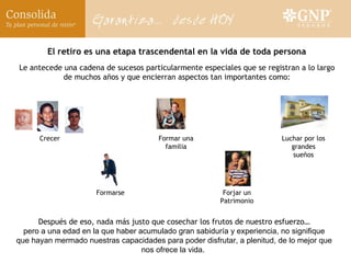 El retiro es una etapa trascendental en la vida de toda persona Le antecede una cadena de sucesos particularmente especiales que se registran a lo largo de muchos años y que encierran aspectos tan importantes como: Crecer Formar una familia Luchar por los grandes sueños Formarse Forjar un Patrimonio Después de eso, nada más justo que cosechar los frutos de nuestro esfuerzo… pero a una edad en la que haber acumulado gran sabiduría y experiencia, no signifique que hayan mermado nuestras capacidades para poder disfrutar, a plenitud, de lo mejor que nos ofrece la vida.   