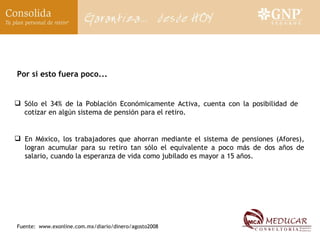 Por si esto fuera poco... S ó lo el 34% de la Poblaci ó n Econ ó micamente Activa, cuenta con la posibilidad de cotizar en alg ú n sistema de pensi ó n para el retiro. En M é xico, los trabajadores que ahorran mediante el sistema de pensiones (Afores), logran acumular para su retiro tan s ó lo el equivalente a poco m á s de dos a ñ os de salario, cuando la esperanza de vida como jubilado es mayor a 15 a ñ os. Fuente:  www.exonline.com.mx/diario/dinero/agosto2 008 