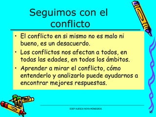 Seguimos con el  conflicto El conflicto en si mismo no es malo ni bueno, es un desacuerdo. Los conflictos nos afectan a todos, en todas las edades, en todos los ámbitos. Aprender a mirar el conflicto, cómo entenderlo y analizarlo puede ayudarnos a encontrar mejores respuestas. 