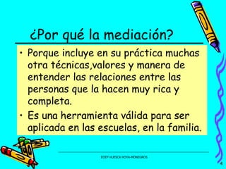 ¿Por qué la mediación? Porque incluye en su práctica muchas otra técnicas,valores y manera de entender las relaciones entre las personas que la hacen muy rica y completa. Es una herramienta válida para ser aplicada en las escuelas, en la familia . 