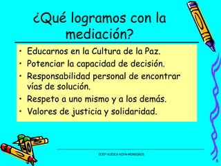 ¿Qué logramos con la mediación? Educarnos en la Cultura de la Paz. Potenciar la capacidad de decisión. Responsabilidad personal de encontrar vías de solución. Respeto a uno mismo y a los demás. Valores de justicia  y solidaridad. 