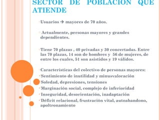 SECTOR DE POBLACIÓN QUE
ATIENDE
 oUsuarios    mayores de 70 años.

 Actualmente, personas mayores y grandes
 o

 dependientes.

 oTiene 70 plazas , 40 privadas y 30 concertadas. Entre
 las 70 plazas, 14 son de hombres y 56 de mujeres, de
 entre los cuales, 51 son asistidos y 19 válidos.

 oCaracterísticas   del colectivo de personas mayores:
 Sentimiento    de inutilidad y minusvaloración
 Soledad,   depresiones, tensiones
 Marginación    social, complejo de inferioridad
 Inseguridad,   desorientación, inadaptación
 Déficit
        relacional, frustración vital, autoabandono,
 apoltronamiento
 