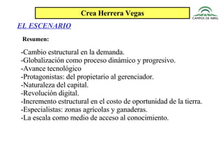 Crea Herrera Vegas Resumen: EL ESCENARIO -Cambio estructural en la demanda. -Globalización como proceso dinámico y progresivo. -Avance tecnológico -Protagonistas: del propietario al gerenciador. -Naturaleza del capital. -Revolución digital. -Incremento estructural en el costo de oportunidad de la tierra. -Especialistas: zonas agrícolas y ganaderas. -La escala como medio de acceso al conocimiento. 