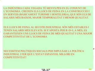 LA INDÚSTRIA CADA VEGADA TÉ MENYS PES EN EL CONJUNT DE L’ECONOMIA. CREIXEN ELS LLOCS DE FEINA EN LA CONSTRUCCIÓ I EN SERVEIS (BÀSICAMENT TURISME I HOSTELERIA), QUE SÓN ELS DE SALARIS MÉS BAIXOS, MAJOR TEMPORALITAT I MENOR QUALITAT. ELS LLOCS DE FEINA AL SECOTR INDUSTRIAL SÓN MÉS ESTABLES I TENEN SALARIS MÉS ELEVATS. SI S’APOSTA PER R+D+I, A MÉS, ES GARANTEIXEN UNS LLOCS DE FEINA DE MÉS QUALITAT I UNA MAJOR COMPETITIVITAT DE L’ECONOMIA  NECESSITEM POLÍTIQUES SOCIALS PER IMPULSAR LA POLÍTICA INDUSTRIAL I FER QUE L’ESTAT ESPANYOL MILLORI EN COMPETITIVITAT! 