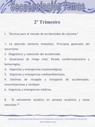 Secuenciación temas CURSO DE ACTUALIZACIÓN DOCENTE EN PRIMEROS AUXILIOS Y SALVAMENTO ACUÁTICO  SEPTIEMBRE 2005   2 º Trimestre I.   Técnicas para el rescate de accidentados de columna . *   1. La atención sanitaria inmediata. Principios generales del socorrismo. 2.  Diagnóstico y valoración del accidentado. 3. Situaciones de riesgo vital: Parada cardiorrespiratoria y hemorragias. 4.  Urgencias y emergencias traumatológicas. 5.  Urgencias y emergencias medioambientales. 9.  S istemas de recogida y transporte de accidentados. inmovilizaciones y vendajes  6.  Urgencias y emergencias médicas.    8.  El salvamento acuático en parques acuáticos y zonas naturales. ** 