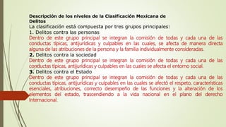 Descripción de los niveles de la Clasificación Mexicana de
Delitos
La clasificación está compuesta por tres grupos principales:
1. Delitos contra las personas
Dentro de este grupo principal se integran la comisión de todas y cada una de las
conductas típicas, antijurídicas y culpables en las cuales, se afecta de manera directa
alguna de las atribuciones de la persona y la familia individualmente consideradas.
2. Delitos contra la sociedad
Dentro de este grupo principal se integran la comisión de todas y cada una de las
conductas típicas, antijurídicas y culpables en las cuales se afecta el entorno social.
3. Delitos contra el Estado
Dentro de este grupo principal se integran la comisión de todas y cada una de las
conductas típicas, antijurídicas y culpables en las cuales se afectó el respeto, características
esenciales, atribuciones, correcto desempeño de las funciones y la alteración de los
elementos del estado, trascendiendo a la vida nacional en el plano del derecho
Internacional.
 