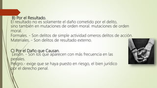 B) Por el Resultado.
El resultado no es solamente el daño cometido por el delito,
sino también en mutaciones de orden moral. mutaciones de orden
moral.
Formales. - Son delitos de simple actividad omeros delitos de acción.
Materiales. - Son delitos de resultado externo.
C) Por el Daño que Causan.
Lesión. - Son los que aparecen con más frecuencia en las
penales.
Peligro.- exige que se haya puesto en riesgo, el bien jurídico
por el derecho penal.
 