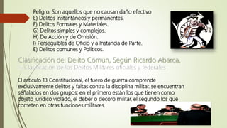 Peligro. Son aquellos que no causan daño efectivo
E) Delitos Instantáneos y permanentes.
F) Delitos Formales y Materiales.
G) Delitos simples y complejos.
H) De Acción y de Omisión.
I) Perseguibles de Oficio y a Instancia de Parte.
E) Delitos comunes y Políticos.
El artículo 13 Constitucional, el fuero de guerra comprende
exclusivamente delitos y faltas contra la disciplina militar. se encuentran
señalados en dos grupos; en el primero están los que tienen como
objeto jurídico violado, el deber o decoro militar, el segundo los que
cometen en otras funciones militares.
 