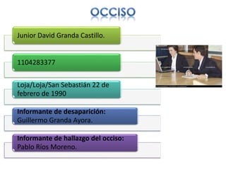 Junior David Granda Castillo.
1104283377
Loja/Loja/San Sebastián 22 de
febrero de 1990
Informante de desaparición:
Guillermo Granda Ayora.
Informante de hallazgo del occiso:
Pablo Ríos Moreno.
 